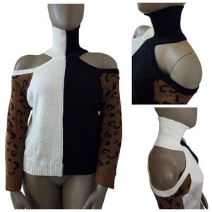 SHEIN Cold Shoulder Turtleneck Colorblock Leopard Sweater Lg Black Brown Ivory